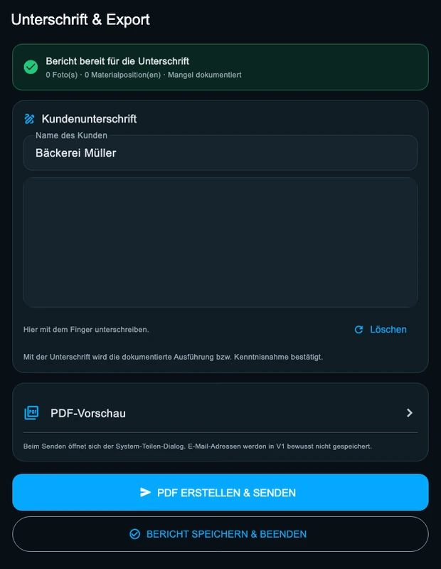Vollständigkeitsprüfung vor der Unterschrift, danach PDF-Export