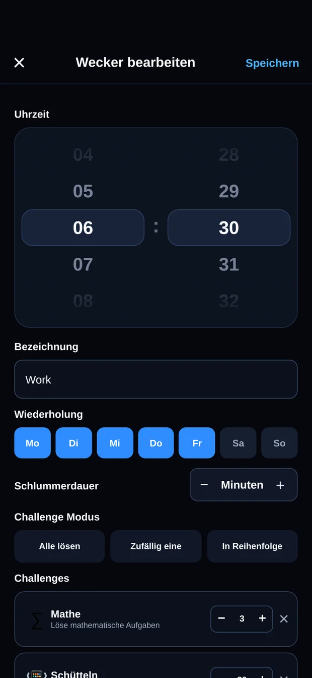 Der Wecker-Editor mit drehbarer Zeitwahl, Wochentagen und drei gewählten Missionen
